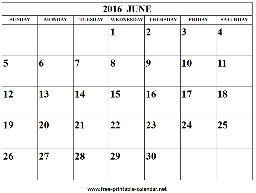 Printable June 2016 Calendar