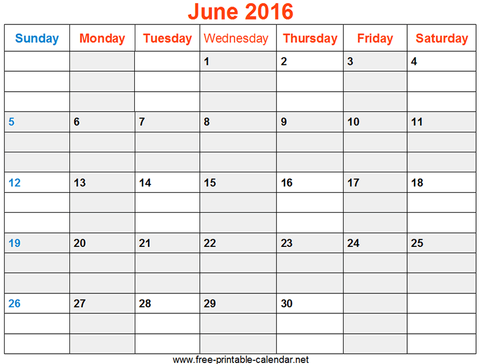 Printable June 2016 Calendar With Lines