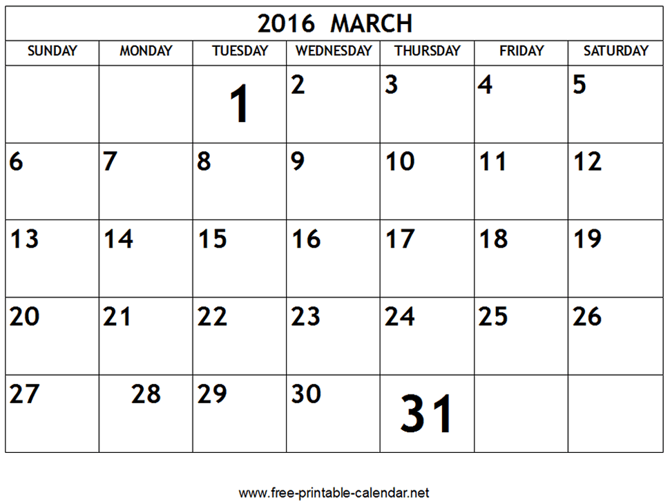 Printable March 2016 Calendar