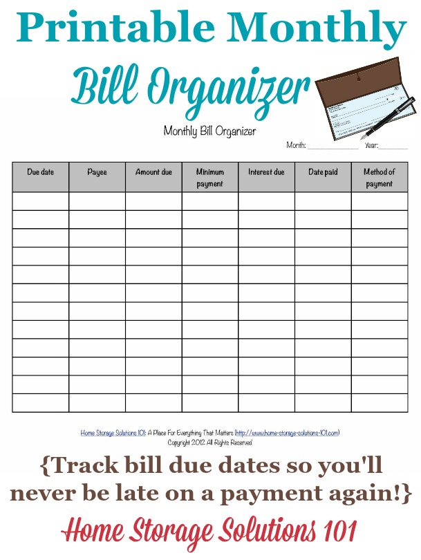 Printable Monthly Bill Organizer To Make Sure You Pay Bills On Time