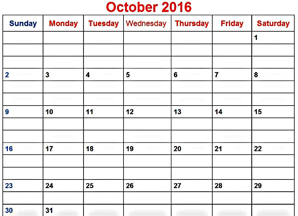 Printable Online 2016 October Calendar