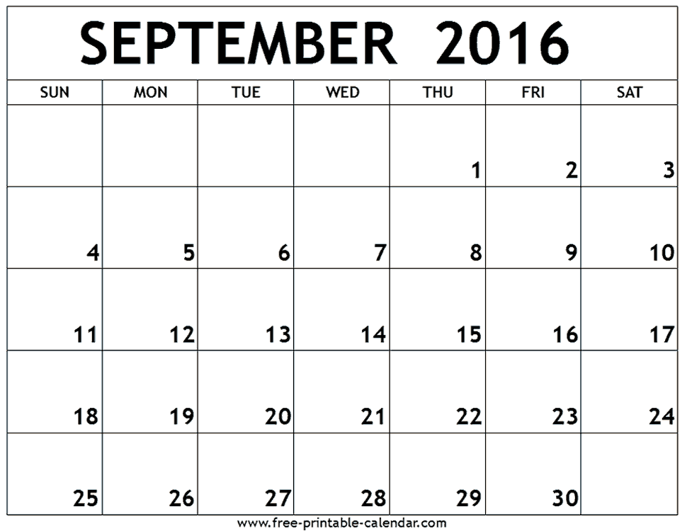 September 2016 Printable Calendar