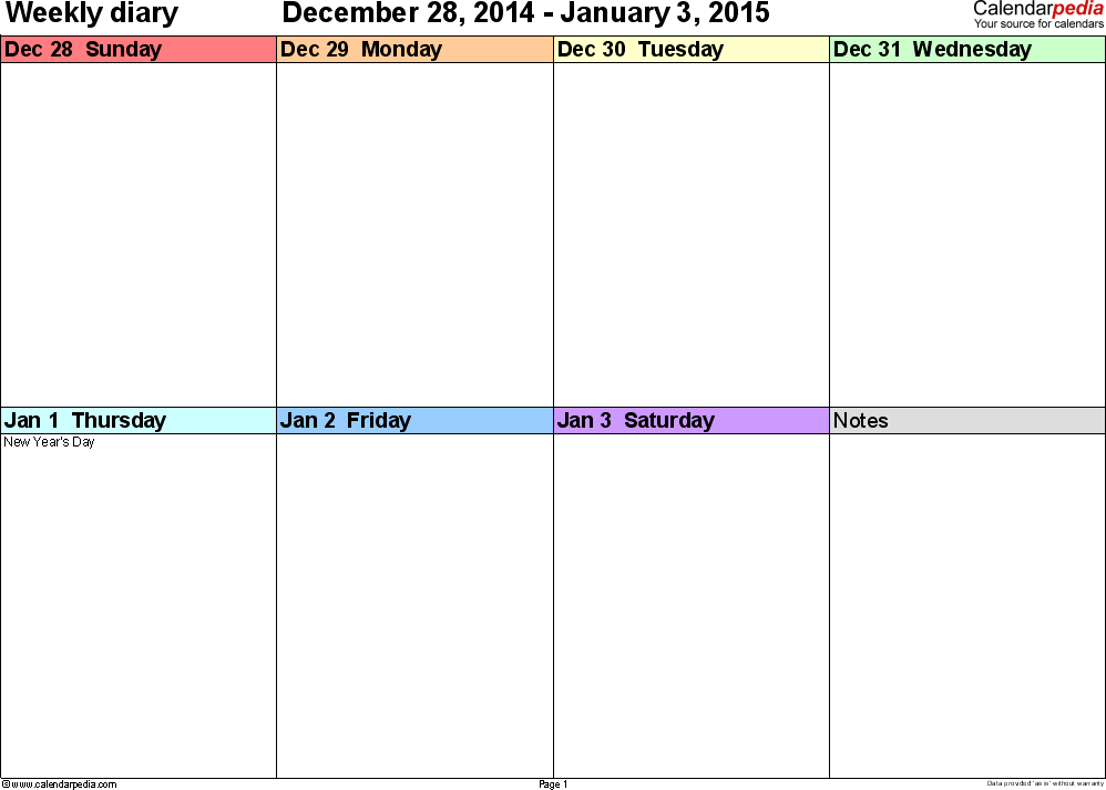 Weekly Calendar 2015 For Excel