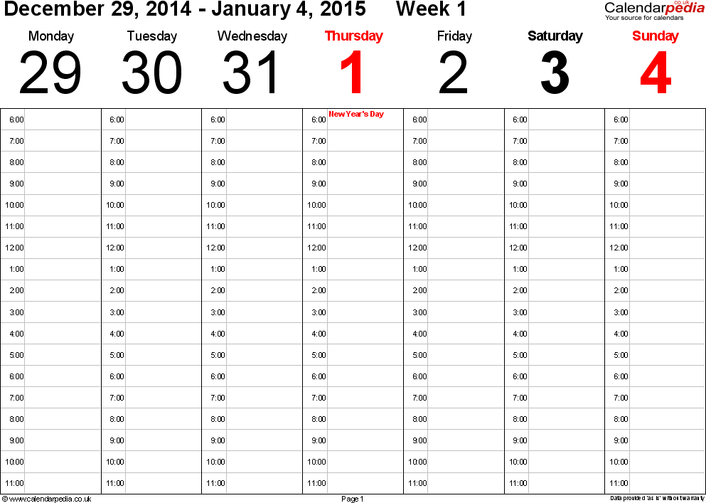 Weekly Calendar 2015 Uk