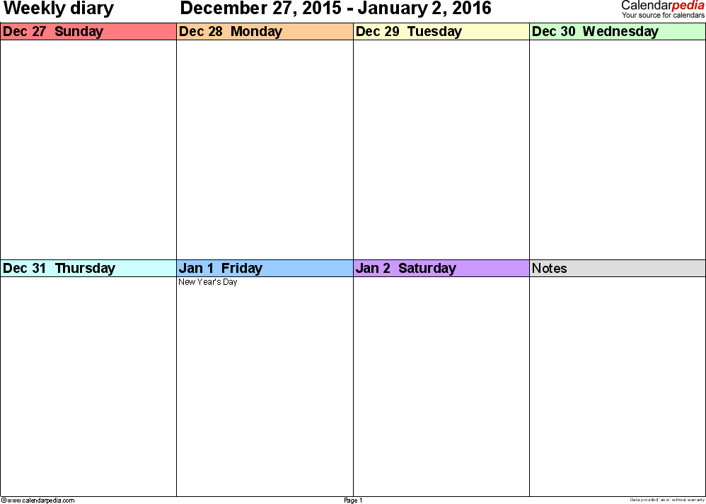 Weekly Calendar 2016 For Excel