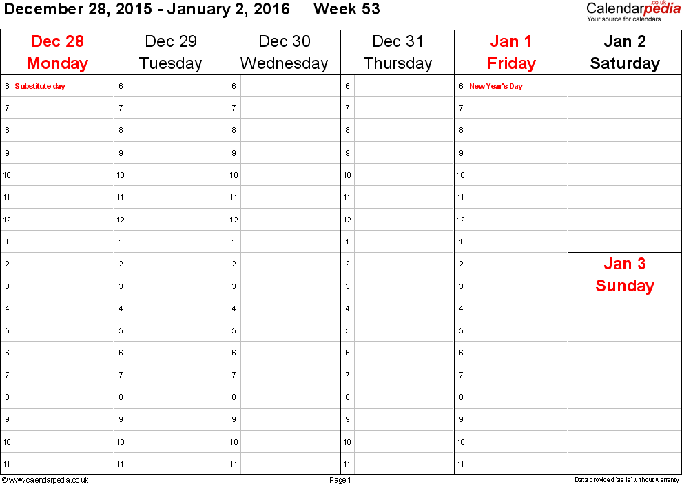 Weekly Calendar 2016 Uk