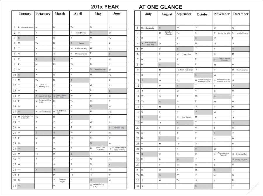 Year At A Glance Calendar
