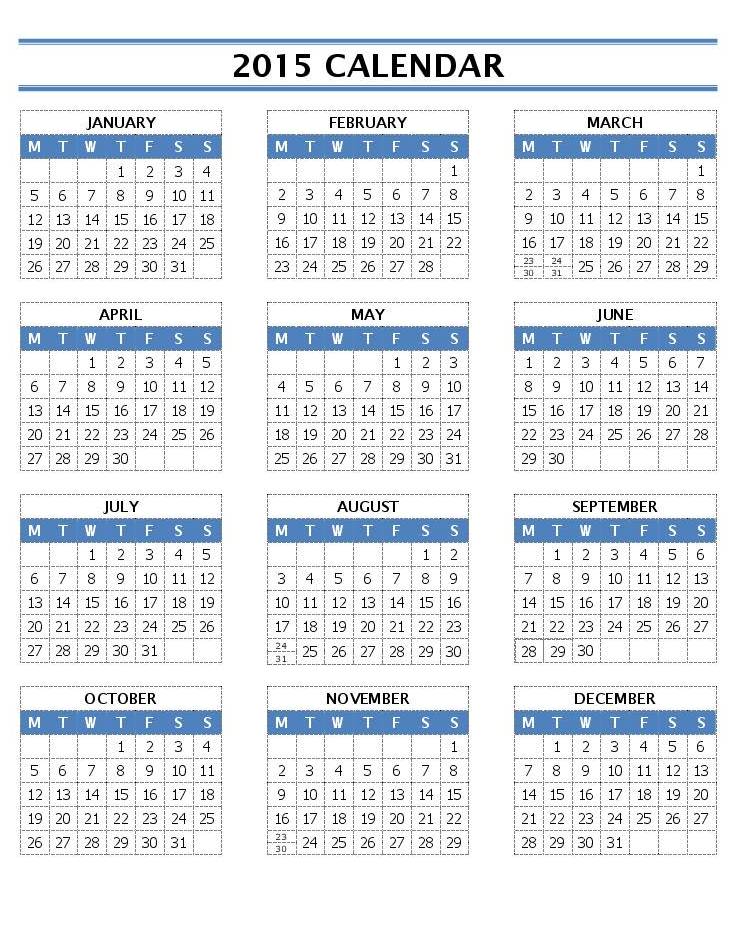 Yearly Calendar By Month 2015