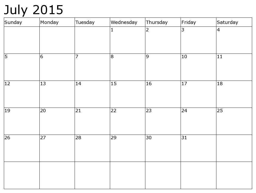 2015 Blank Calendar Printable 12 Month Simple Template