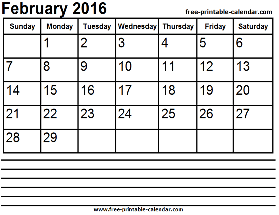 2016 February Calendar Printable