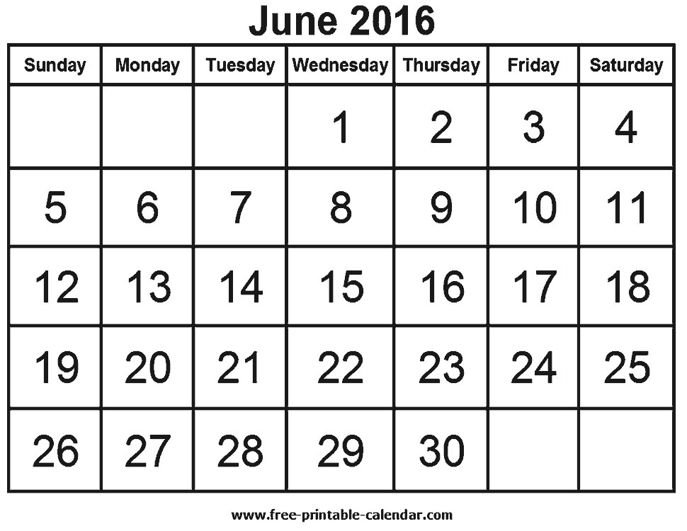 2016 June Calendar Waterproof Paper