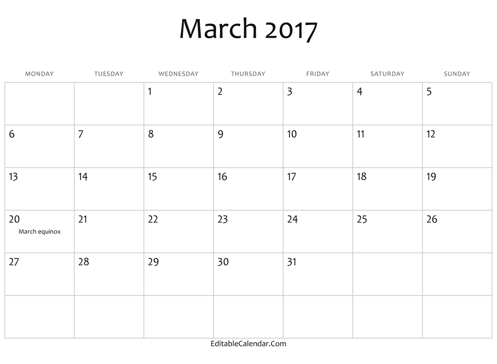 2017 March Calendar In Word