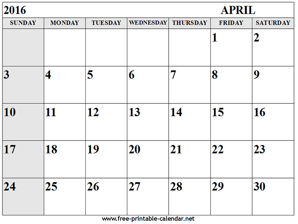 April Calendar 2016