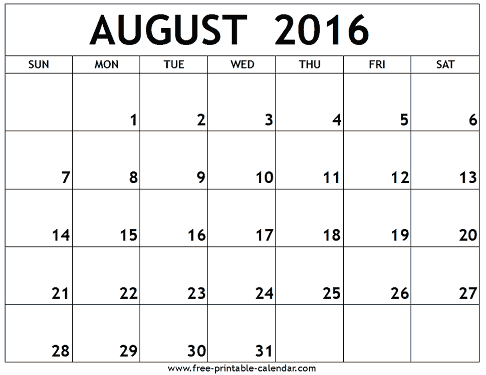 August 2016 Calendar Editable