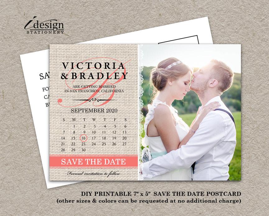 Calendar Wedding Photo Save The Date Postcard, Diy Printable