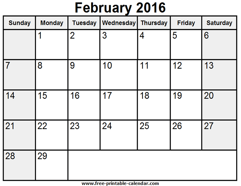 February 2016 Calendar Printable
