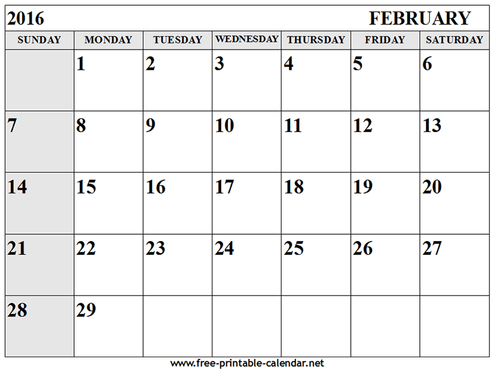 February Calendar 2016