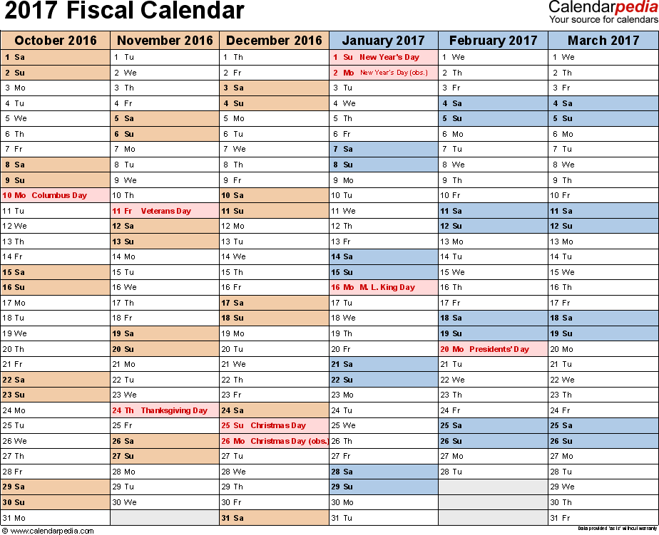 Fiscal Calendars 2017 As Free Printable Excel Templates