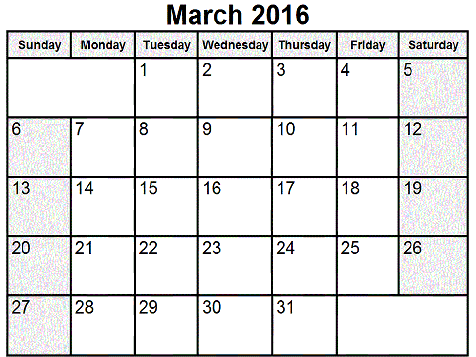 Free March Month 2016 Printable Calendar
