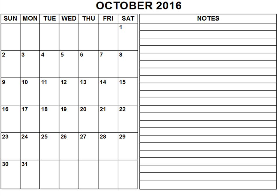 Free October 2016 Printable Calendar Download