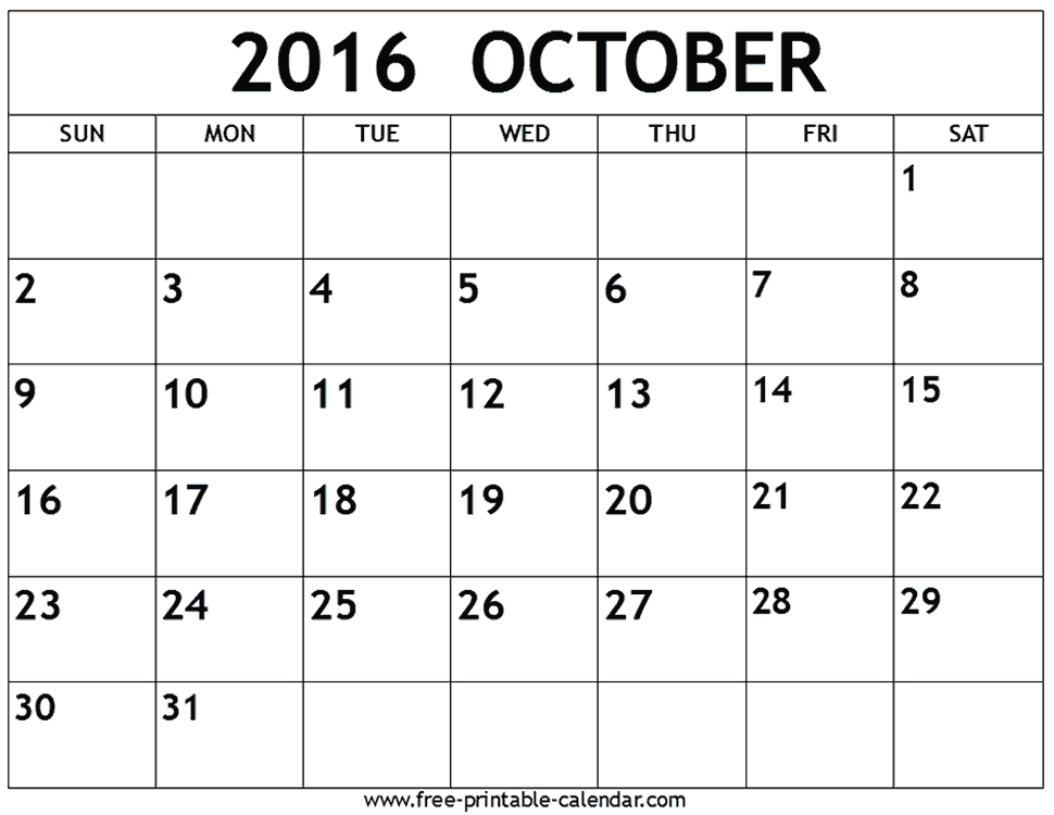 Free October Calendar 2016