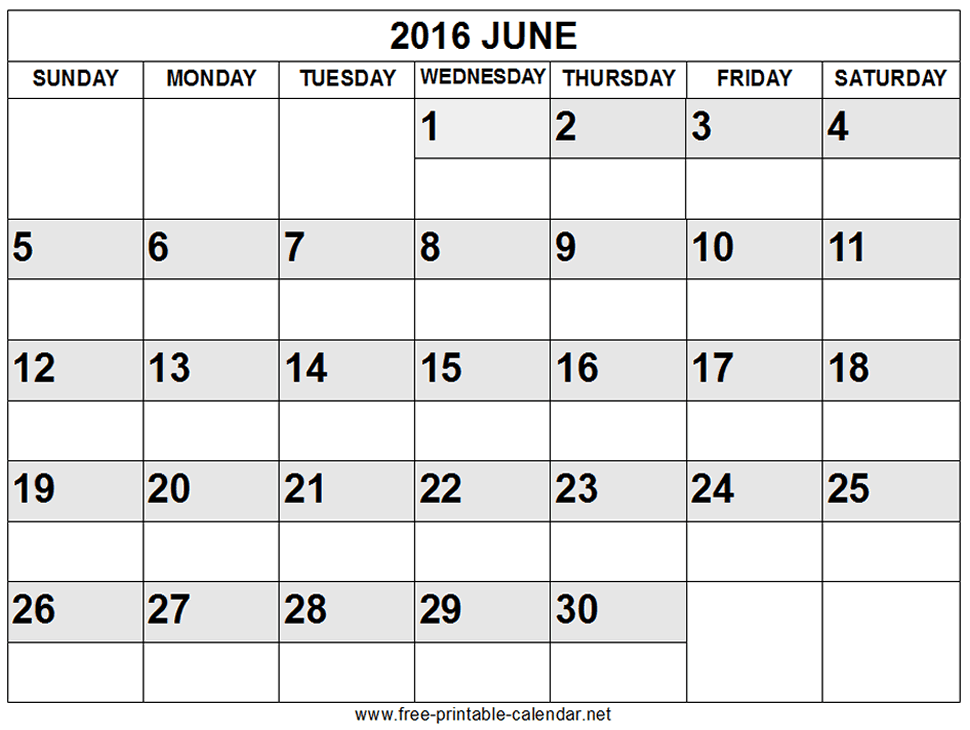 Free Printable June Calendar 2016
