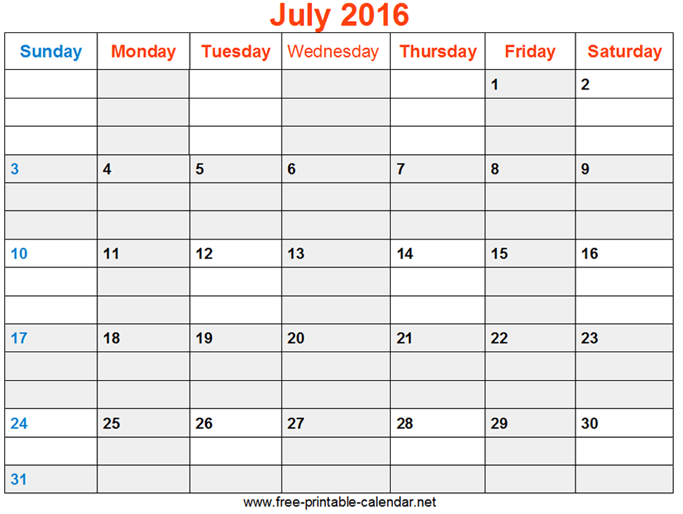 July 2016 Calendar Microsoft Word