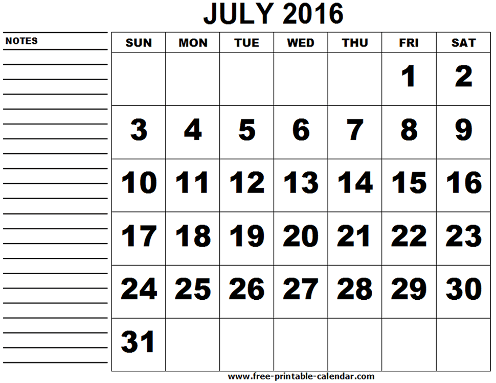 July 2016 Printable Calendar Usa  Printable  July2016calendar
