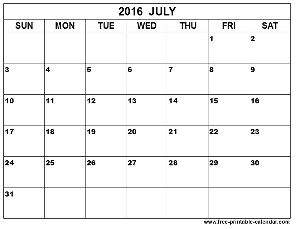 July 2016 Printable Calendar Weekly