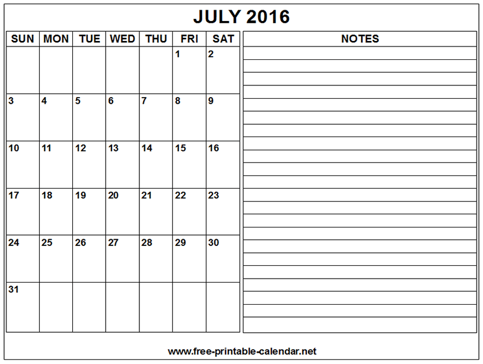 July Printable Calendar 2016 Vertex