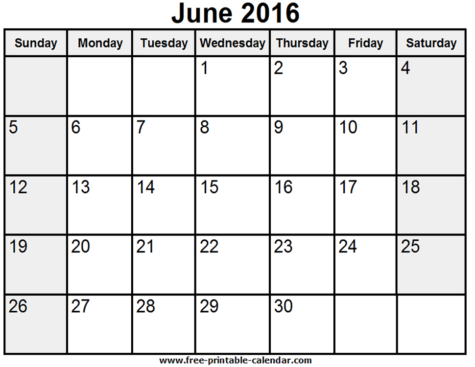 June 2016 Printable Calendar Free