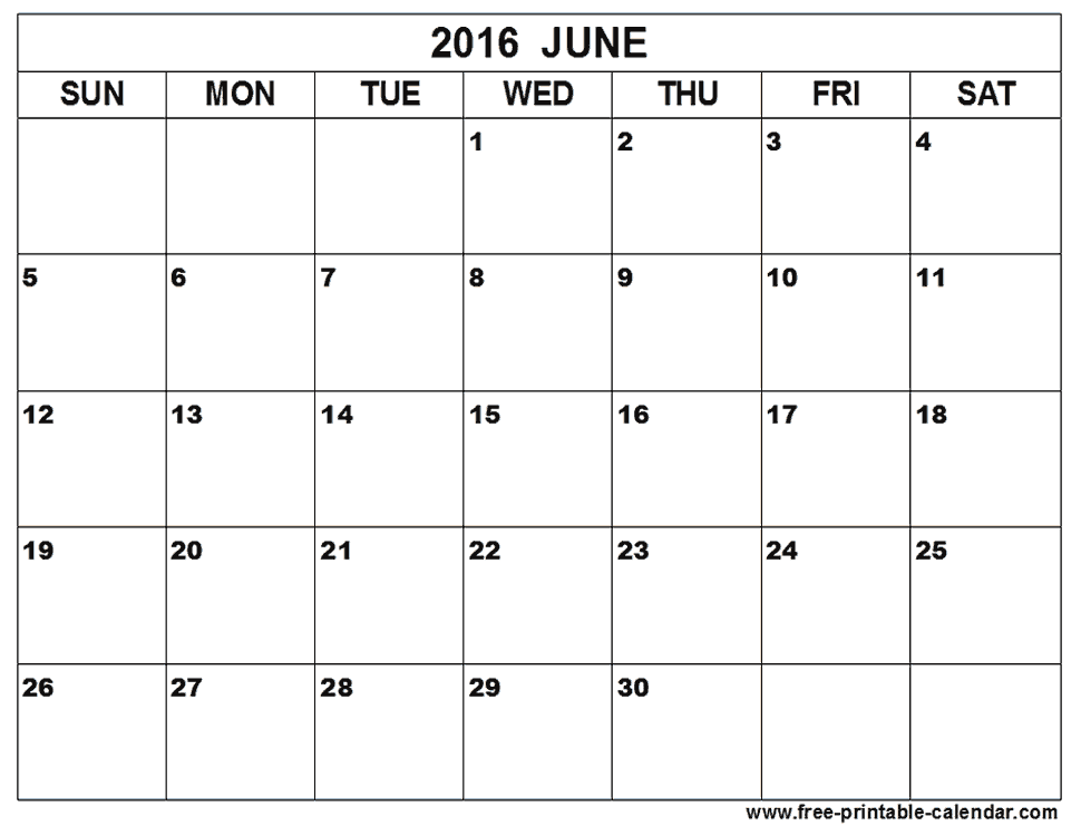 June 2016 Printable Calendar Full Page