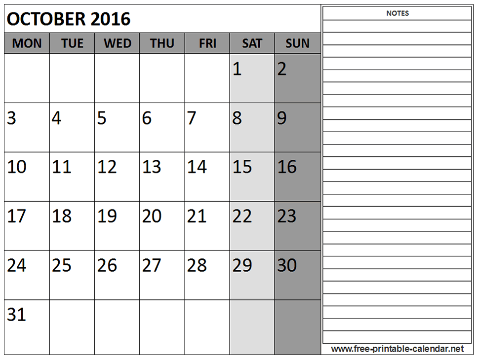 October 2016 Calendar Template