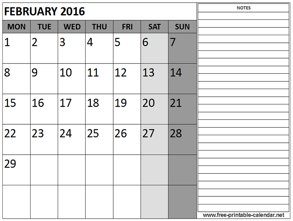 Printable 2016 February Calendar