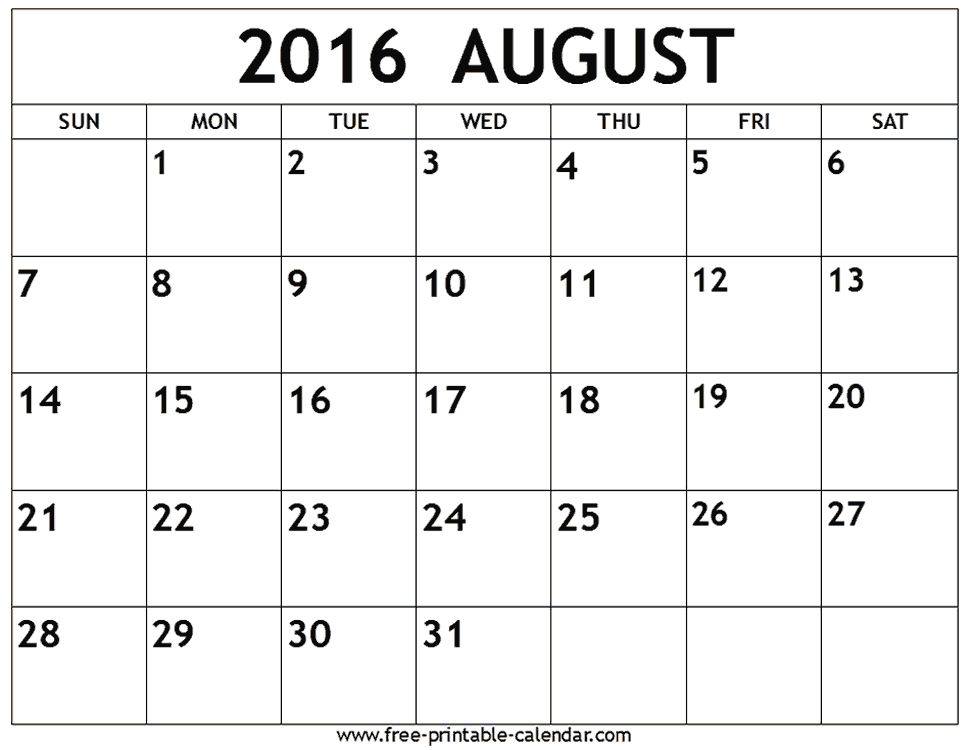 Printable August Calendar 2016 Canada