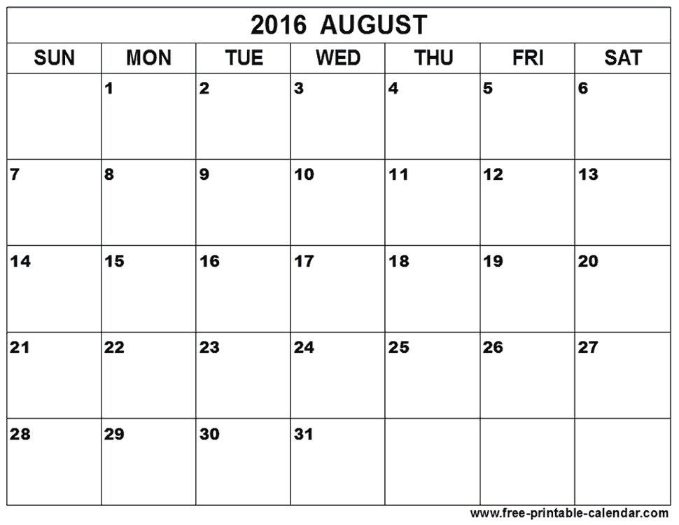 Printable August Calendar 2016 Canada
