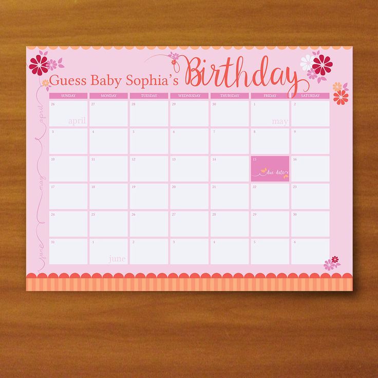 Printable Guess The Due Date Calendar; Baby Girl; Pink And Orange