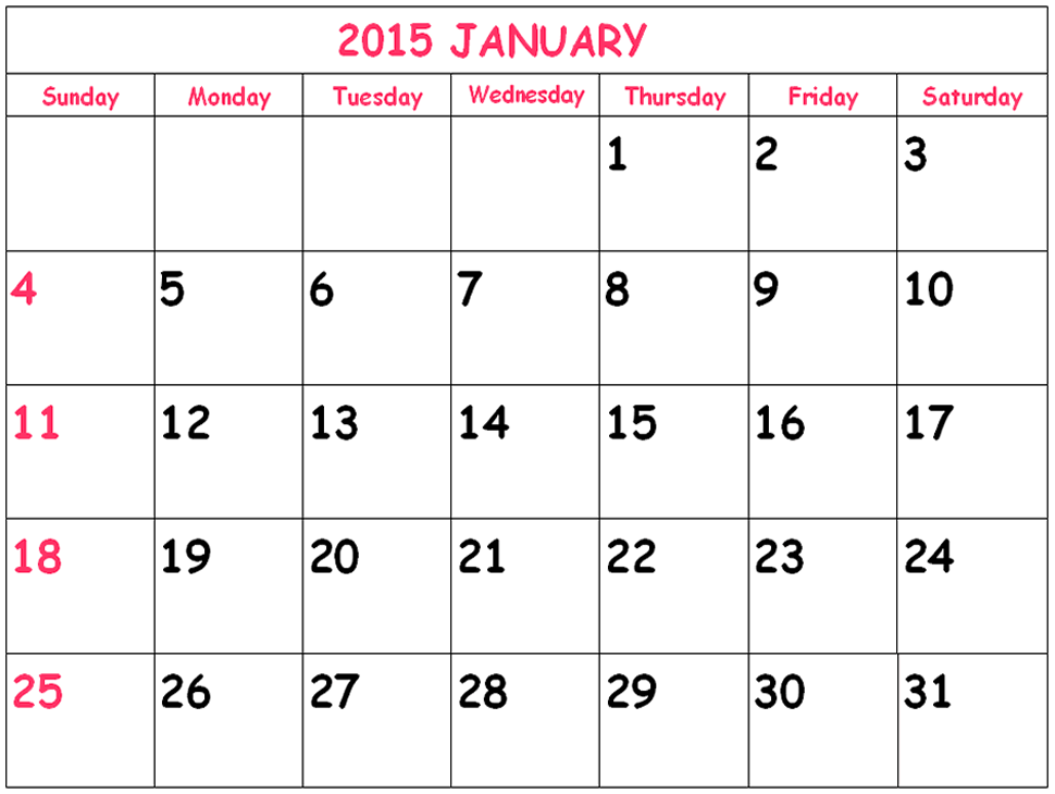 Printable January 2015 Calendar