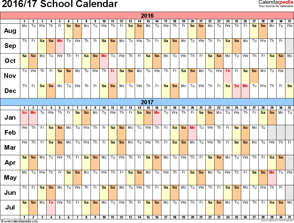 School Calendars 2016 2017 As Free Printable Word Templates