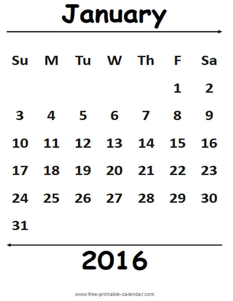 2016 January Calendar