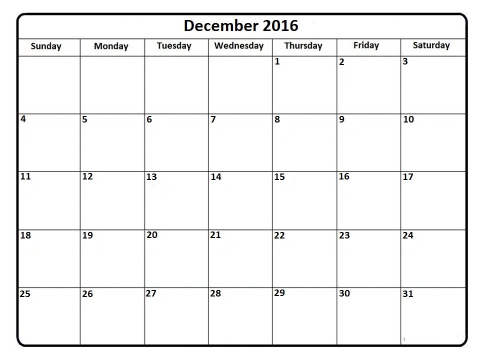 2016 Printable December Calendar Template