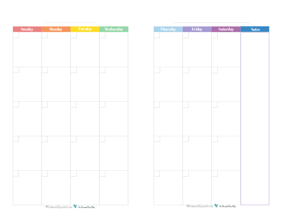 Blank 2 Page Per Month Calendar Half Size Rainbow