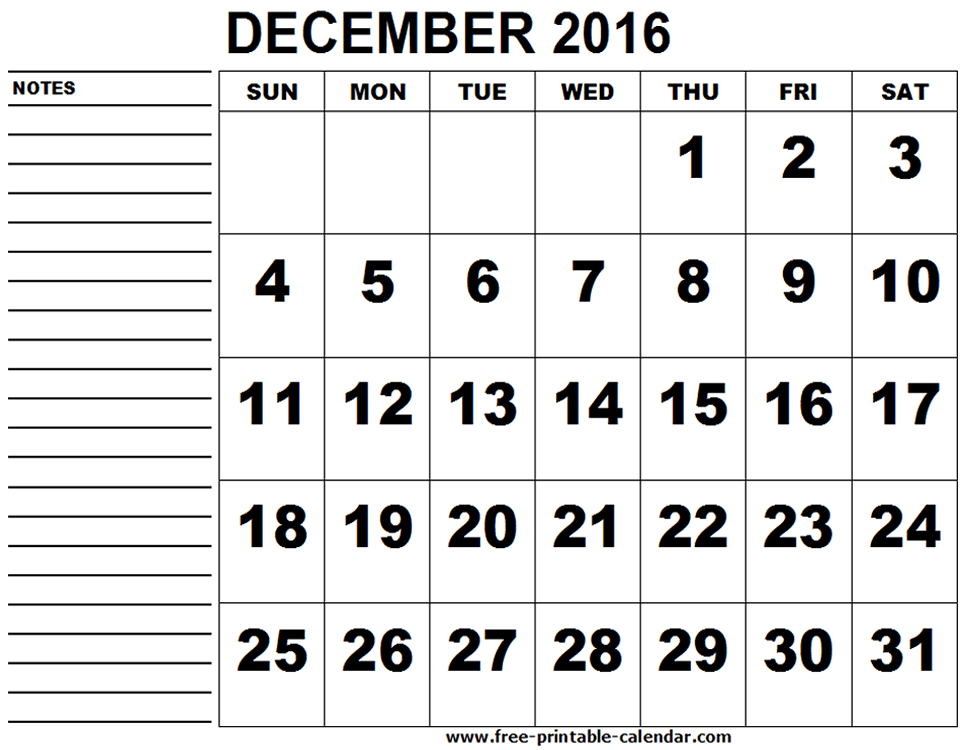 Blank December Calendar Templates 2016 Printable