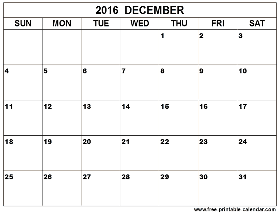 December 2016 Calendar Printable