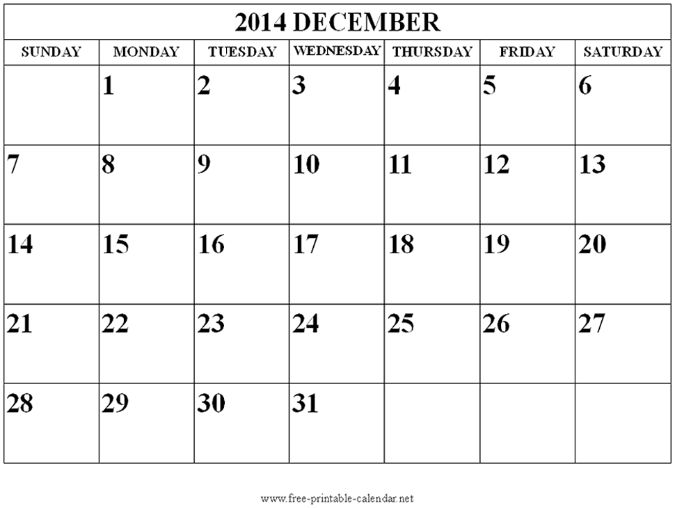 December Calendar 2014 Printable
