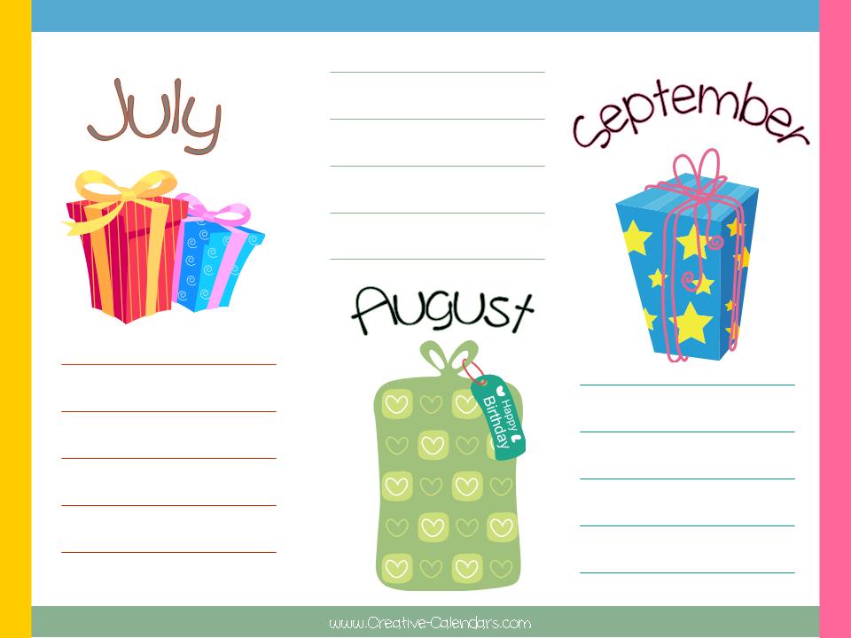Free Printable Birthday Calendar Template