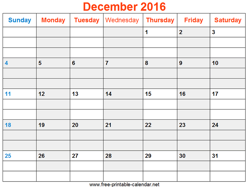 Print December 2016 Calendar