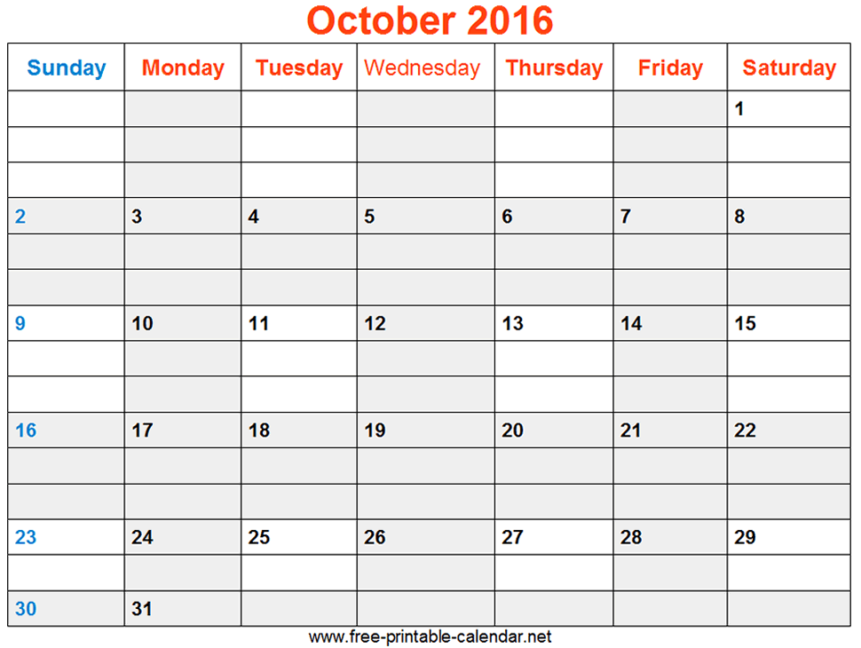 Print October 2016 Calendar