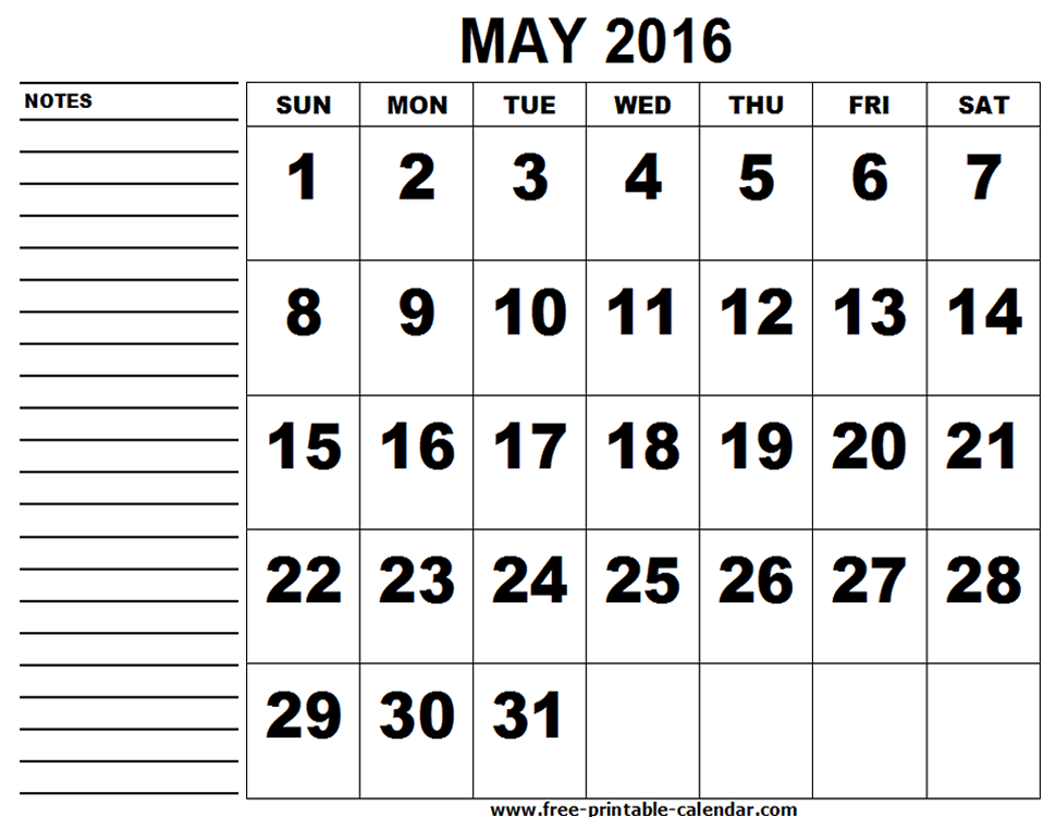 Printable Calendar May 2016