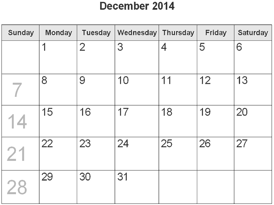 December 2014 Calendar Printable